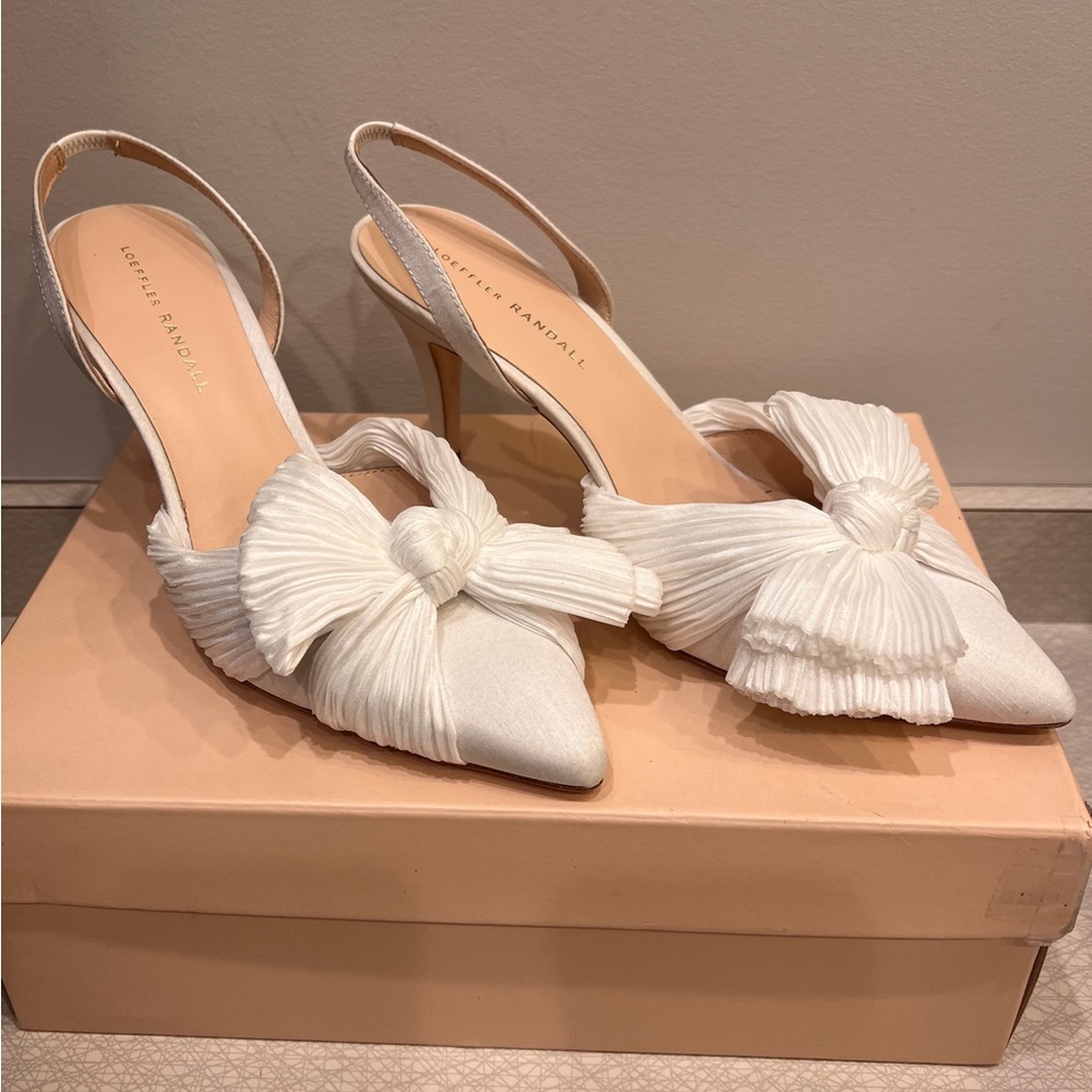 White silk Loeffler Randall bow sling backs